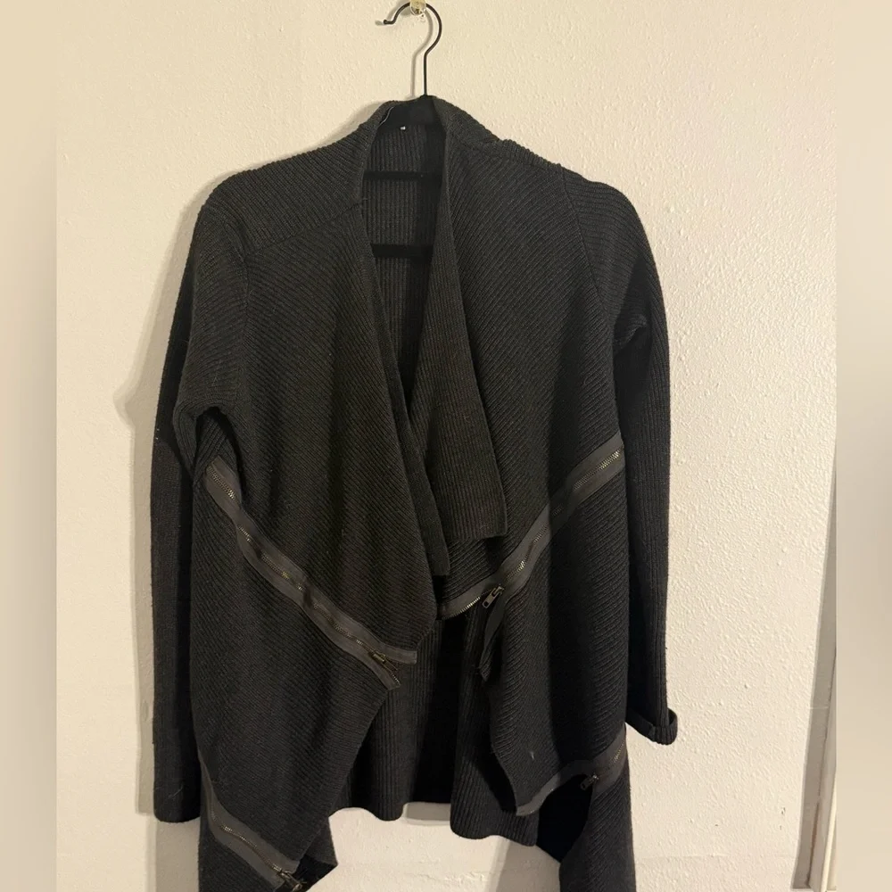 Women Bailey 44 Charcoal‎ Ribbed Wool Blend Zipper Motif Open Cardigan Sweater M